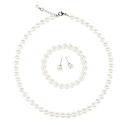 5mm Faux Pearl Necklace Set for Women & Girls, Bracelet & Earrings | White, Glass Material, Party Event Accessory, Gift Ready Presentation, Daily Wear - style: 5MM 16inch