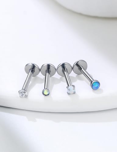 16G 18G 20G Threadless Flat Back Nose Ring Studs Earrings 316L Surgical Steel Tragus Helix Cartilage Earrings Medusa Labret Lip Rings Piercing Jewelry For Women Men Opal CZ 2mm 3mm - style: 16G-7MM Length-Top 2mm