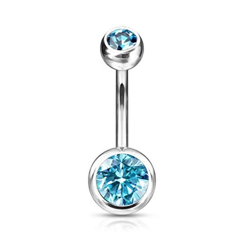 Forbidden Body Jewelry 14g Titanium Double Jeweled CZ Crystal Belly Button Ring - color: Aqua Blue