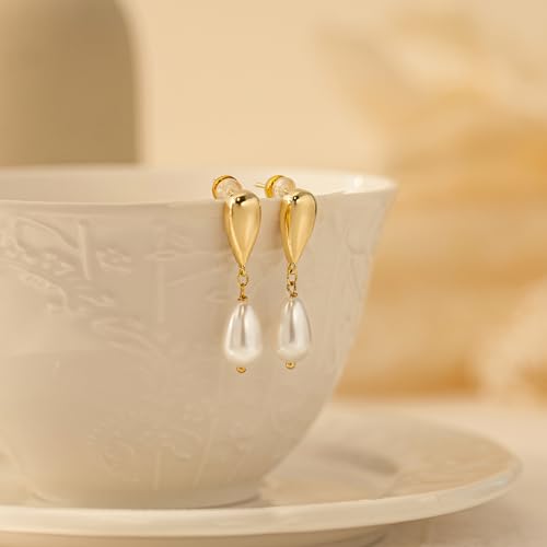 Plenky Pearl Earrings-14K Gold Plated Dainty Pearl Drop Simple Wedding CZ Dangle Dangling Cute Stud Earrings for Brides Earrings for Women Gifts - style: Teardrop Pearl Earrings