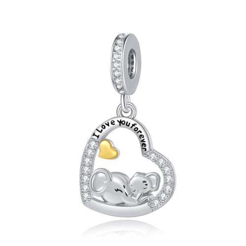Mother Daughter Elephant Dangle Charm for Euroepan Bracelet Women Gift | cute wildlife ainmal charm,gold heart,family pendant,motherly love,push present,comptaible with Pandora bracelet necklace - style: Mother Daughter Elephant