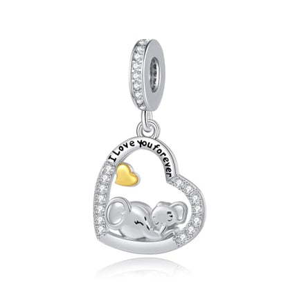 Mother Daughter Elephant Dangle Charm for Euroepan Bracelet Women Gift | cute wildlife ainmal charm,gold heart,family pendant,motherly love,push present,comptaible with Pandora bracelet necklace - style: Mother Daughter Elephant