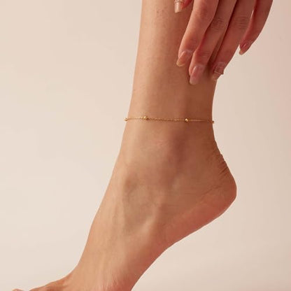 Dainty Ankle Bracelets for Women 18K Gold Plated Waterproof | Satellite Beaded Herringbone Lip Chain Anklets Simple Minimalist Summer Beach Foot Jewelry, Gift Box Included - color: Bead Chain -Gold