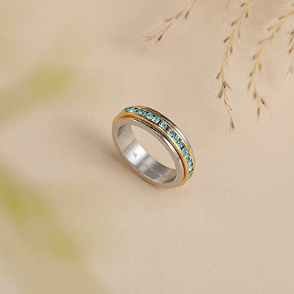 Muses Art Design Fidget Rings, Anxiety Rings, Spinner Rings, Band Rings with Birthstone, Stainless Steel, Women and Men, Meditation Rings, Thumb Rings, Stress Relieving and Anxiety Reducing - color: March - Aquamarine