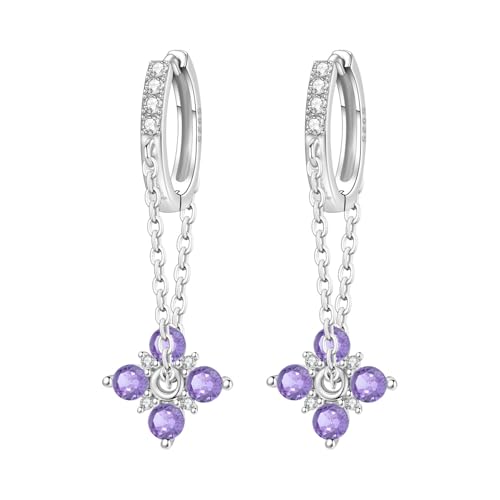 925 Sterling Silver Hoop Earrings Drop Dangle Earrings for Women Hypoallergenic Earring Trendy Huggie Earring Cute Graduation Birthday Gifts Jewelry for Women - color: Purple Flower earrings