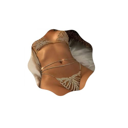 Sparkle Full Rhinestone Sexy Bra Chain Body Chain Set Crystal Beach Luxury Jewelry for Women - color: Golden