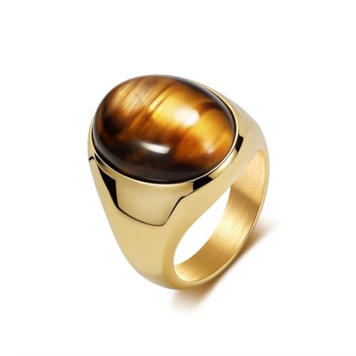 Stainless Steel Tiger Eye Obsidian Ring for Men Women, Oval Stone Signet Ring, Gold Silver Black Tone Stainless Steel Statement Jewelry Gift for Daily Wear - color: Gold Tiger Eye Stone