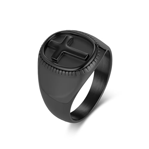 Men Promise Ring Stainless Steel, Men Stainless Steel Signet Ring with 18MM Wide Oval with Cross, Black, Size 12