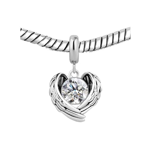 KunBead Guardian Angel Heart Wings Birthstone Dangle Birthday Charms Compatible with Pandora Charm Bracelet for Women - color: White