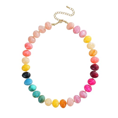Colorful Chunky Beaded Necklaces for Women Multicolor Large Round Resin Beads Collar Necklace Boho Trendy Statement Chokers Y2K Summer Beach Jewelry - color: Multicolor-Oval