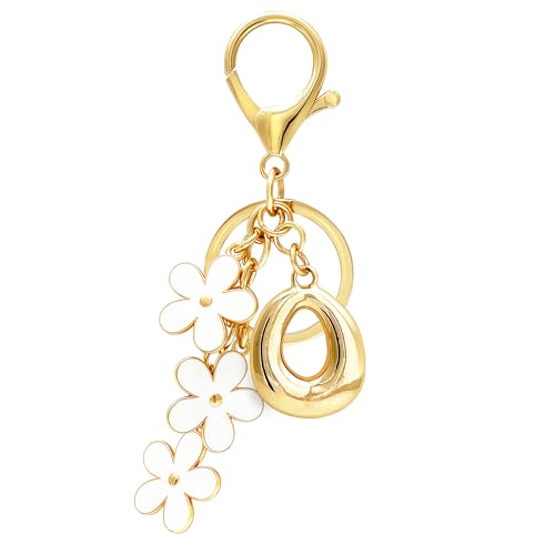 Floral Series Initial Bag Charm, Cute Flower & Bubble Letter Purse Charms, Keychain Accessories Gift for Women - color: White Flower, style: O