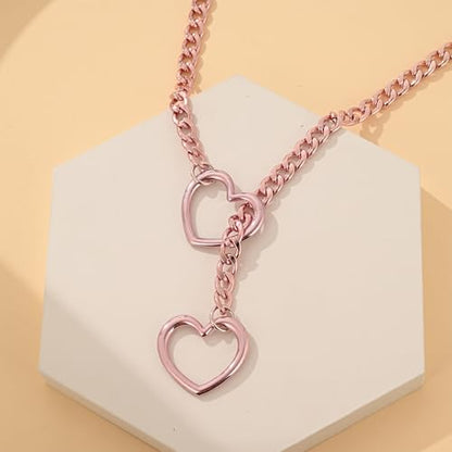 MIFYNN Heart O ring Slip Chain Necklaces for Women Stainless Steel Cuban Chain Bar Necklace Punk Rock Collar Necklace Handmade Adjustable Lariat Y Necklaces for Men - color: Pink