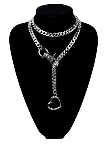 paloli Women's Slip Chain Rainbow Heart O-Ring Chunky Chain Necklace, Rays Cuban Long Layered Jewelry, Adjustable Lariat Y-Necklace Heart Loop Choker - color: B-Heart-Silver