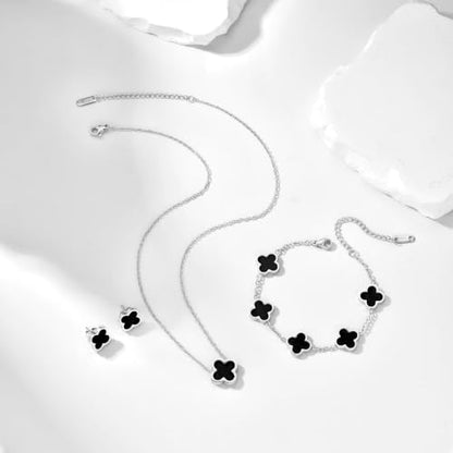 Clover Necklace Bracelet and Stud Earrings Jewelry Sets for Women | 18K Gold Plated Stainless Steel, Black/White Four Leaf Clover set,Christmas Birthday Lucky Gifts for Mom Wife Girlfriend - color: Silver Black 3PCS