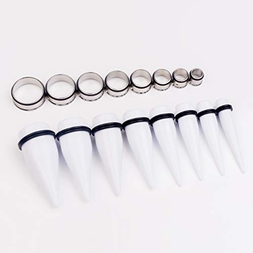32 PCS 00G - 24mm Ear Taper Kit Gauge Stretching Kit | Hypoallergenic surgical Stainless steel Tapers Tunnels Plugs, body piercing jewelry for women and men - color: White