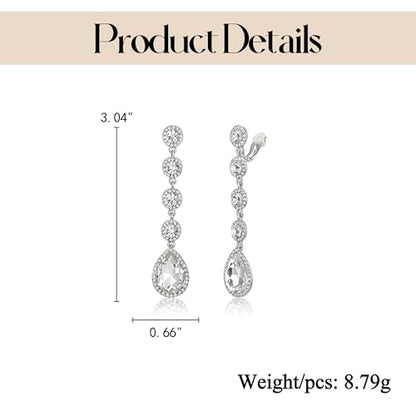 EleQueen Women's Wedding Crystal Teardrop Pear Shape 3 Inch Clip on Long Dangle Earrings for Bride Bridesmaid, Jewelry for Party Prom/Anniversary - color: White Silver-Tone