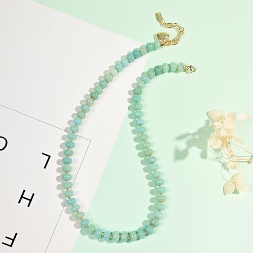 Boho Gemstone Beaded Necklace for Women – Colorful Natural Stone Choker 18K Solid Heart-Shaped Pendant, Summer Beach Jewelry - color: Amazonite