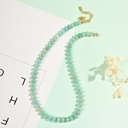 Boho Gemstone Beaded Necklace for Women – Colorful Natural Stone Choker 18K Solid Heart-Shaped Pendant, Summer Beach Jewelry - color: Amazonite