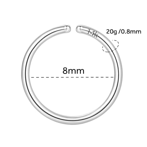 14K Gold Nose Ring Hoop for Women and Men, 6mm/7mm/8mm Tiny Gold Nose Ring Stud Piercing Jewelry, 20G 22G - color: 14k White Gold, size: 20 gauge(0.8mm)-8mm