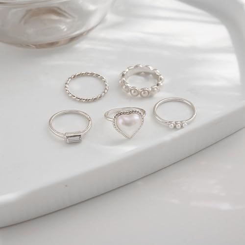 5Pcs Silver Plated Rings Set Female Pearl Heart Pearl Beads Joint Knuckle Rings Dainty Twist Midi Tail Finger Rings Y2k Heart Rings Dainty Faux Pearl Stackable Rings Sets Valentine's Day Xmas Gift - color: 5pcs silver set