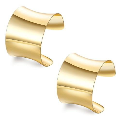2Pcs Cuff Bangle Bracelet for Women Open Wide Bangle Bracelet Set | minimalist statement bangle bracelets，wrist cuff wrap bracelet adjustable，open wide wire grooved hammered bracelet set - color: 2PCS-Gold-A