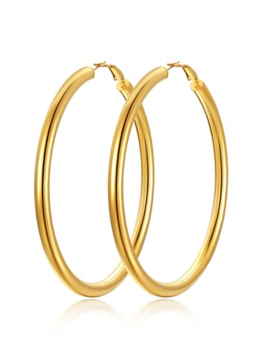FindChic Hoop Earrings for Women, Silver/Black/14K Gold Plated Hypoallergenic Hollow Round Tube Loop Earrings, 20mm/30mm/40mm/60mm/80mm Chunky Hoops with Custom Name Options & Gift Box - color: c.Gold, size: 80MM