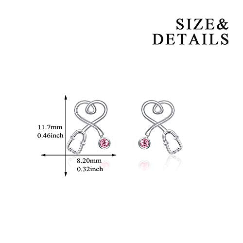 Stethoscope Earrings 925 Sterling Silver Heart Studs Earrings 12 Months Birthstone Crystals from Austria, Graduation Jewelry Gifts for Nurse Doctor RN Medical Student - color: Pink
