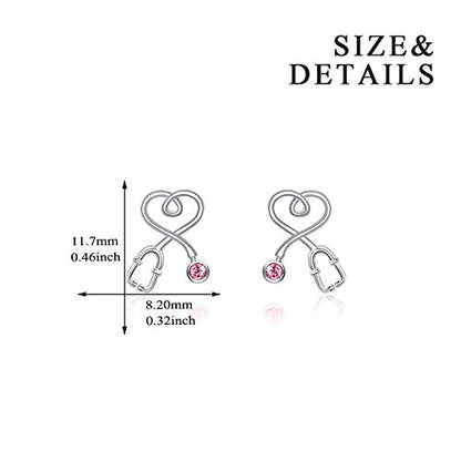 Stethoscope Earrings 925 Sterling Silver Heart Studs Earrings 12 Months Birthstone Crystals from Austria, Graduation Jewelry Gifts for Nurse Doctor RN Medical Student - color: Pink