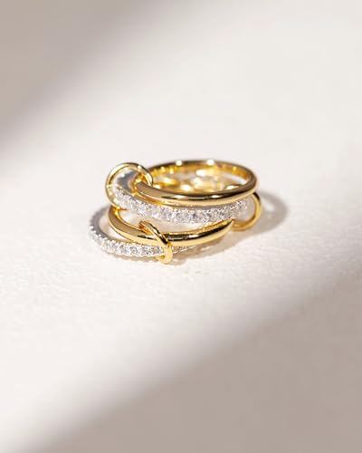 TLY Stackable Gold Rings for Women Interlocking Ring Stack Set non tarnish | 18K Gold Silver Plated Mixed Metal Statement Rings Waterproof Cubic Zirconia Fashion Connected Band Thumb Ring Size 4-11 - color: 01.Halley set