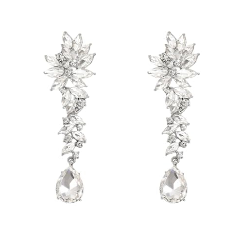 Silver Rhinestone Wedding Earrings for Women,Silver Sparkling Crystal Chandelier Earrings,Formal Cocktail Prom Teardrop Dangle Drop Statement Jewelry - color: Silver