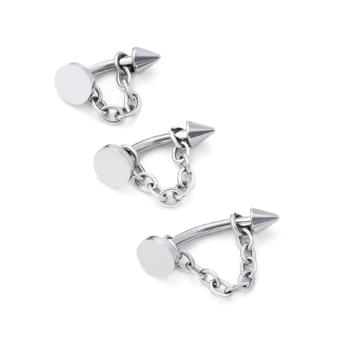 3 Pcs 316L Stainless Steel 16G Tragus Helix Rook Piercing Jewelry with Chain, Cartilage Earrings for Women, Belly Button Ring Vertical Labret Lip Piercing Jewelry - color: Silver, size: Disc