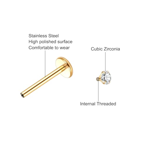 Xpircn Flat Back Stud Earrings 14K Gold Plated Internally Threaded CZ Stud Piercing Jewelry for Tragus Helix Cartilage Conch Nose Hypoallergenic Lip Labret Medusa Piercing 16G 18G - color: 18 Gauge, Gold, size: Mixed (8/10/12mm) Bar
