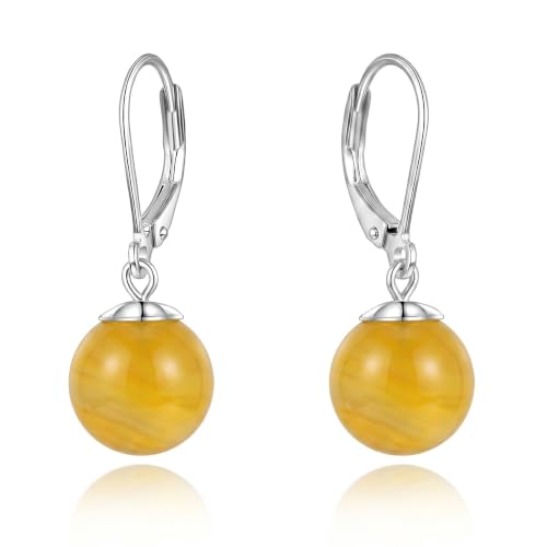 Pearl Leverback Earrings for Women Dangle Round Gemstone Earrings Birthstone Jewelry Gift Anniversary for Her - color: 16 Yellow agate
