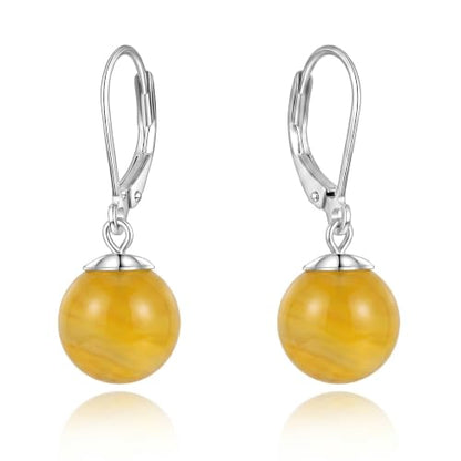 Pearl Leverback Earrings for Women Dangle Round Gemstone Earrings Birthstone Jewelry Gift Anniversary for Her - color: 16 Yellow agate
