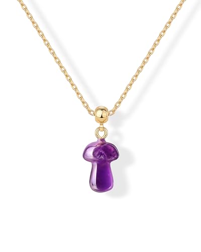 PAVOI Gemstone Charm Necklace for Women - 14K Gold Plated Pendant Necklaces | Dainty Gemstone Necklaces with Cute Charms Set and Adjustable Chain, Trendy Healing Crystal Pendants - style: Mushroom - Amethyst