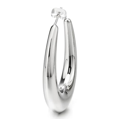 Women’s Stainless Steel Polished Teardrop Hoop Earrings Silver Tone Bold Oval Statement Style