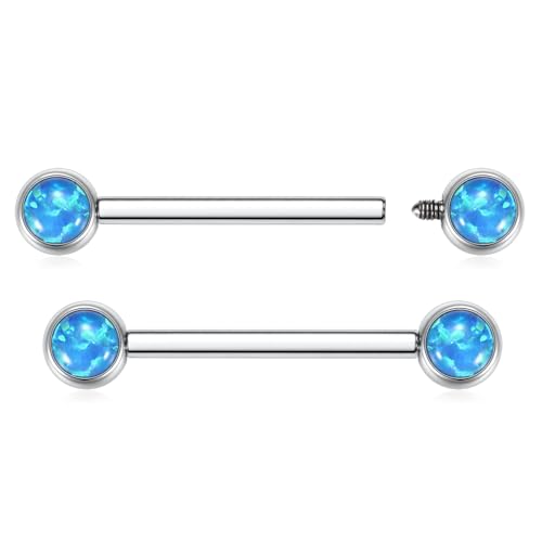 AROWRO Nipple Piercing Jewelry Nipple Rings Titanium Nipple Rings Implant Grade Hypoallergenic 14G Internally Threaded Straight Barbells with Cubic Zirconia Opal Gold Silver Rose Gold Black 12mm 14mm 16mm 18mm 20mm - color: Silver+Blue Opal