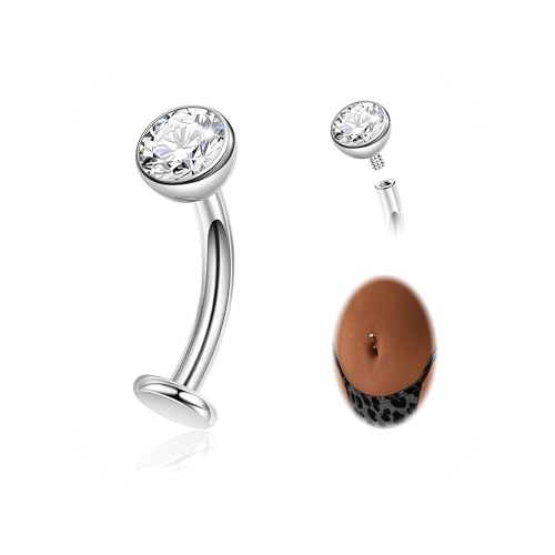 NICEIGHT 14G F136 Pure Titanium Floating Belly Button Rings for Women Petite Flat Back CZ Belly Rings Opal Barbell Heart Curved Navel Ring Internally Threaded Belly Piercing Jewelry 8/10/12/14mm - color: Silver-Round CZ, size: 8mm (Slightly Shorter)