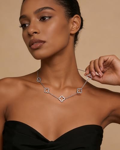Four Leaf Clover Necklace 18K Gold Plated Necklaces for Women Lucky Flower Pendant Adjustable Link Chain Stainless Steel Dainty Trendy Simple Jewelry Gifts for Women - color: 5G-Silver