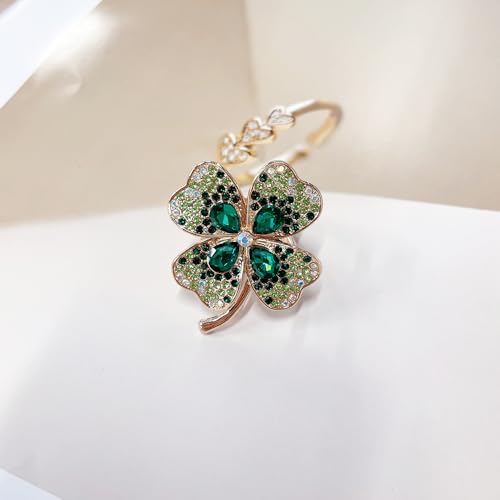 Rhinestone Green Four Leaf Clover Silk Scarf Ring Clip for Women Gold-Tone Dainty Crystal Flower Scarf Slide Buckle Holder Clasp Lucky Decor Dress Accessories St Patrick's Day Holiday Jewelry