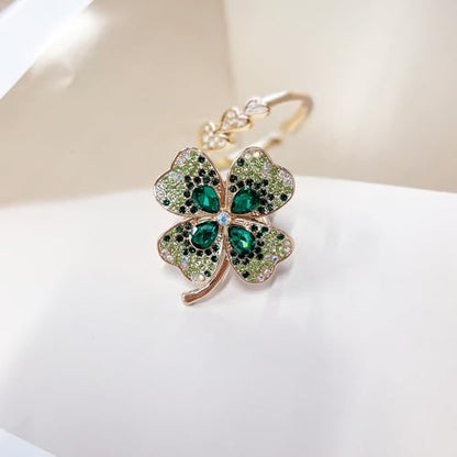 Rhinestone Green Four Leaf Clover Silk Scarf Ring Clip for Women Gold-Tone Dainty Crystal Flower Scarf Slide Buckle Holder Clasp Lucky Decor Dress Accessories St Patrick's Day Holiday Jewelry