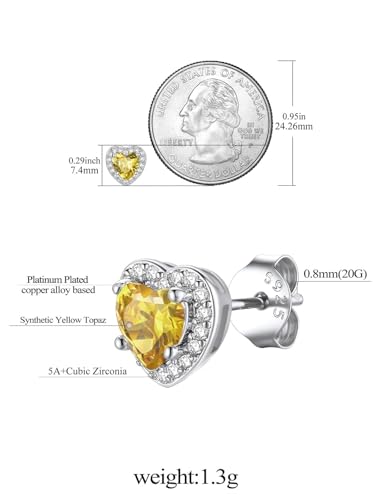 FindChic Birthstone Earrings for Women, Round/Heart/Square/Teardrop Earrings with 925 Sterling Silver Posts & Push Backs, Hypoallergenic Studs with Cubic Zirconia, 12 Months Jewelry with Gift Box - style: 11. November-Yellow Topaz (Heart-Silver)