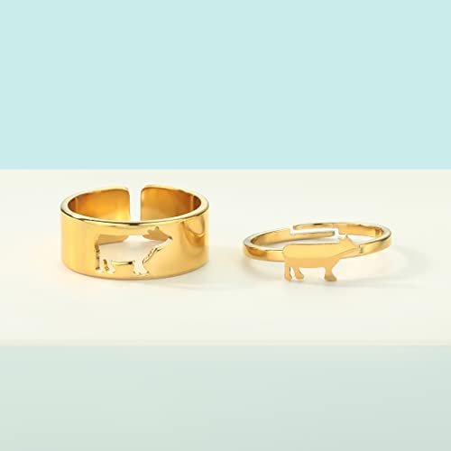2PCS Matching Cute Animals Promise Engagement Rings for Couples Men Women Jewelry Band Sets 316L Stainless Steel Adjustable Open Ring - color: Cow-g