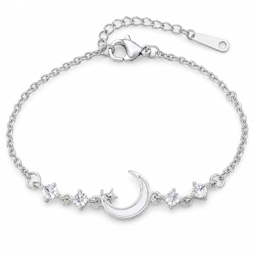 Moon Phase Bracelet Gold/Silver Opal Moon Charm Bracelet Adjustable Opal Style Crescent Charm Chain Bracelets with White Bead Accents Celestial Jewelry Outfit Accessories Gift for Women - color: B2: Silver Opal