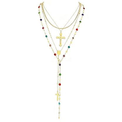 Layered Cross Necklace Set for Women, Layered Choker Necklaces Trendy Jewelry, Colorful Enamel Beaded Y-Shaped Lariat Necklace, Boho Multilayer Cross Necklace for Party and Daily Wear - color: Gold-02