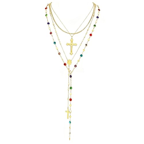 Layered Cross Necklace Set for Women, Layered Choker Necklaces Trendy Jewelry, Colorful Enamel Beaded Y-Shaped Lariat Necklace, Boho Multilayer Cross Necklace for Party and Daily Wear - color: Gold-02