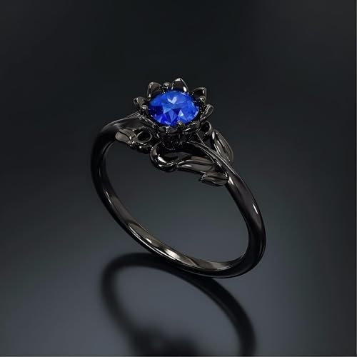 Cubic Zirconia Rings For Women, Gothic Ring Black Flower Crystal Stackable Trendy Floral Eternity Travel Engagement Statement Wedding Birthday Jewelry Gift - color: Goth Black Blue