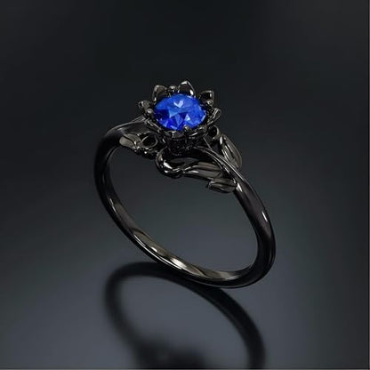 Cubic Zirconia Rings For Women, Gothic Ring Black Flower Crystal Stackable Trendy Floral Eternity Travel Engagement Statement Wedding Birthday Jewelry Gift - color: Goth Black Blue