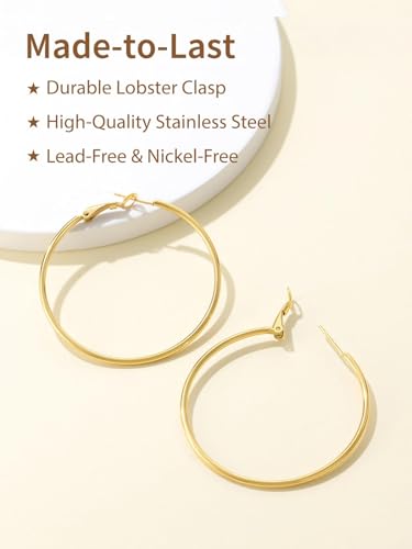 FindChic Thin Hoop Earrings for Women,Silver/Black/Gold Plated 20-100mm - color: Gold, size: 50mm