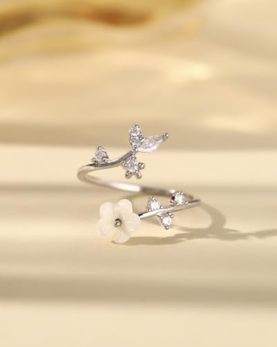 Rings for Women Non Tarnish, 14K Gold Plated Open Pearl Flower Band Adjustable Cubic Zirconia Rings for Women - color: silver
